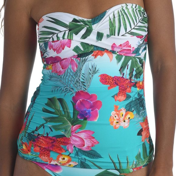 LA BLANCA Tropicalia Floral Tankini Top Size 4 XS Bright Aqua Tropical NEW - Picture 2 of 7